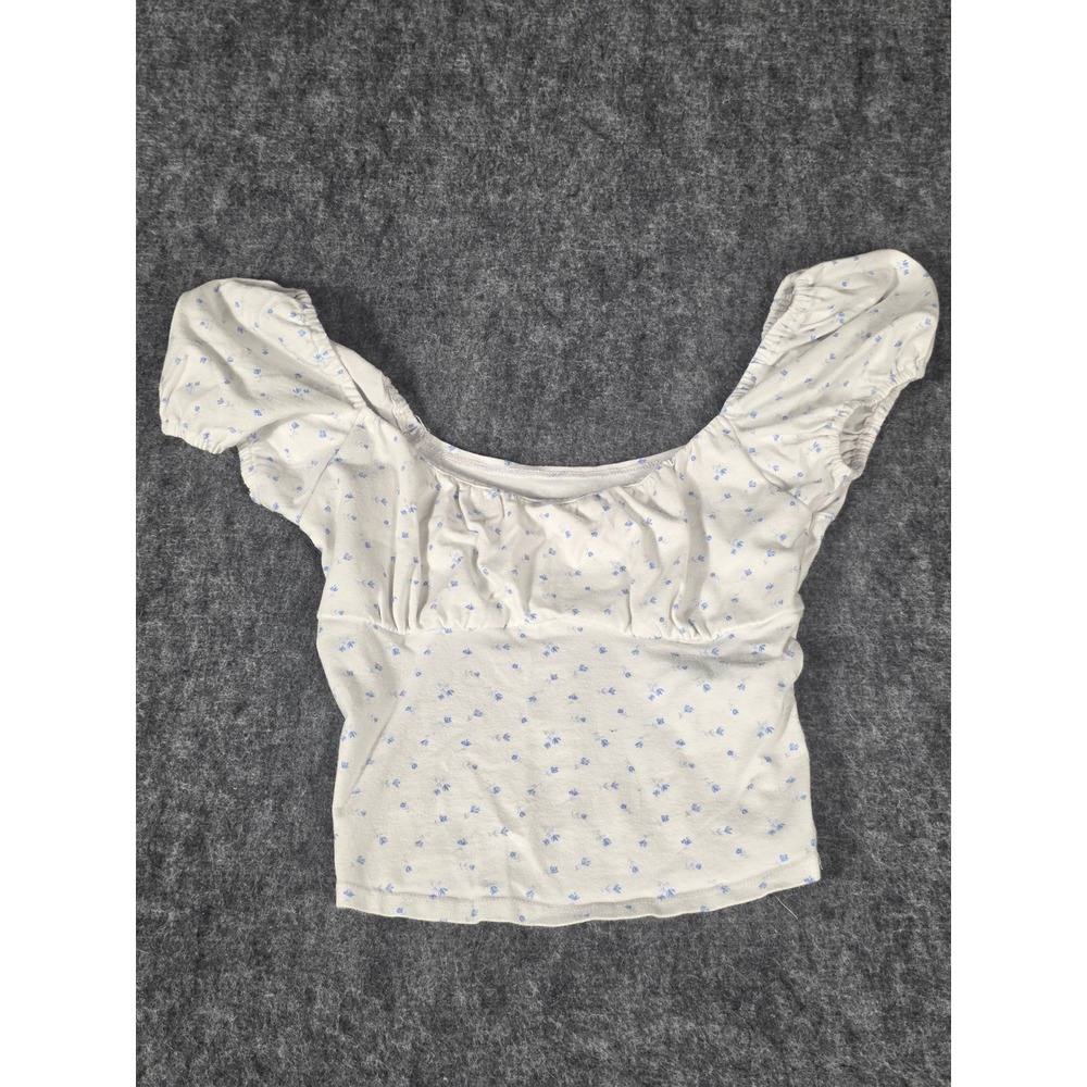 Hollister Milkmaid Crop Top Womens XS White Blue Ditsy Floral Ruched Bust Puff